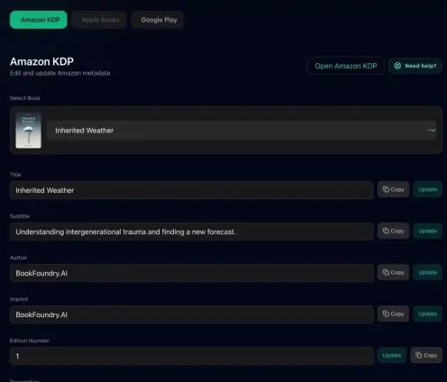 BookFoundry publishing screen with Amazon KDP metadata filled in